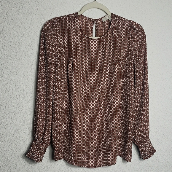 LOFT Foulard Pleated Sleeve Blouse Brown Medallion 60s 70s Hippy Retro Bohemian - Picture 3 of 12